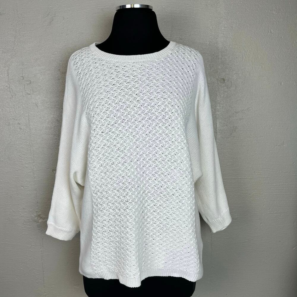 NEW DANA BUCHMAN Sweater Lace Front 3/4 Sleeve White Womens Medium